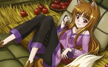 Spice and wolf - tail, sexy, brown eyes, girl, long hair, apples, brown hair, fox, spice and wolf, anime, cute