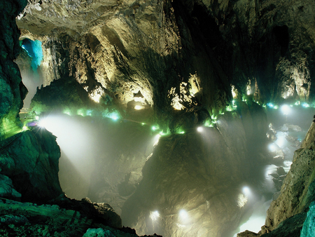 Buried beauty - cave, rocks, formations, light, green