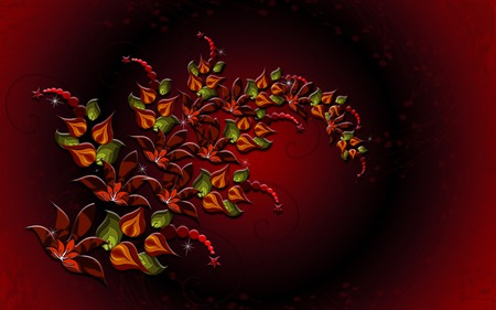 Floral ornament - fractal, red, green, flowers, black