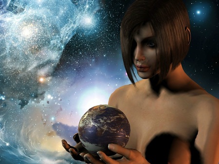 In the palm of her hand - space, planets, woman, earth, galaxy