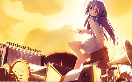 Musical Sense - sexy, key, girl, kowarekake no orgel, music, long hair, purple hair, red eyes, kantoku, headphones, anime, cute