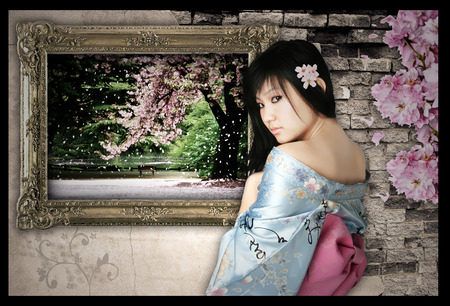 Oriental beauties - blossoms, painting, girl, kimono, tree