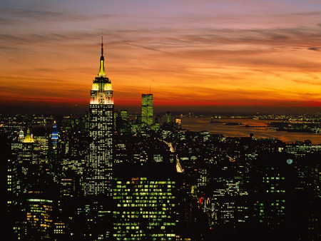 Water city nightscape - nice, night scene, skyline, light, sumset, buildings