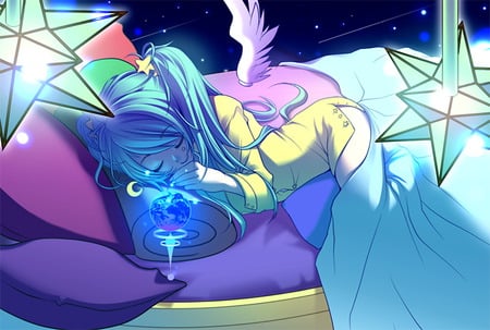 mikusleep - stars, night, miku hatsune, sleep, vocaloid, blue, anime, globe, miku