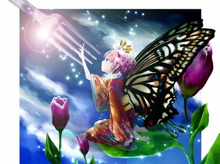 naive thumbelina - pretty, anime, kids, naive, flowers, funny, chibi, cute, fork