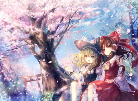 Onineko - sky, hat, brown eyes, ribbons, brown hair, miko, blonde hair, petals, anime, cherry blossoms, cute, yellow eyes, sexy, girl, long hair, hakurei reimu, kirisame marisa, onineko