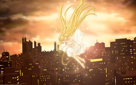 Chii - chii, yellow eyes, sky, sexy, girl, sun, long hair, chobits, blonde hair, city, anime, cute