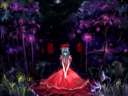 Kagiyama Hina - flowers, anime, touhou, red dress, kagiyama hina, night, forest, green hair