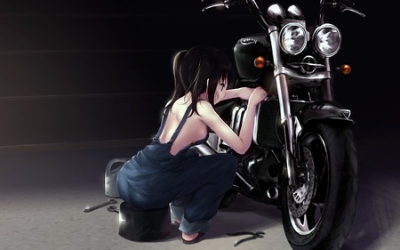 Working at her bike - sexy, girl, twintails, blue eyes, long hair, motorcycle, black hair, anime, cute, bandaid