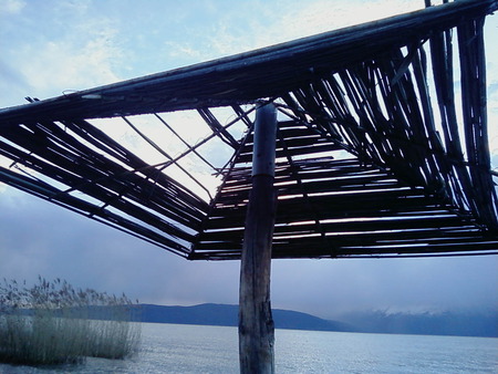 Broken shadow - sky, water, shadow, blue, beach umbrella