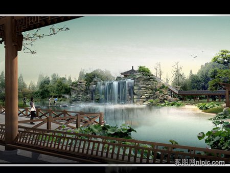 Great waterfall - wood, lake, benches, people, trees, leaves, waterfall, rocks