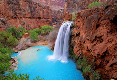 Falling for you - blues, falls, trees cliffs, plants