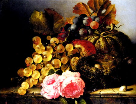 Antique - grapes, roses, melon, purple, painting, art, pink, still life