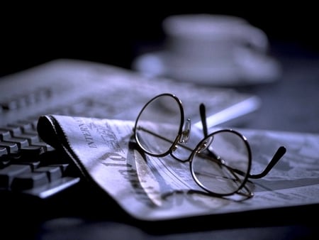 STARTING A DAY - newspaper, glasses, photography, table, still life, keyboard, cup of coffee, office