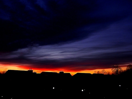 FASCINATING SUNRISE - trees, buildings in dark, amazing sky, blue sky, sunrise, morning, orange sky