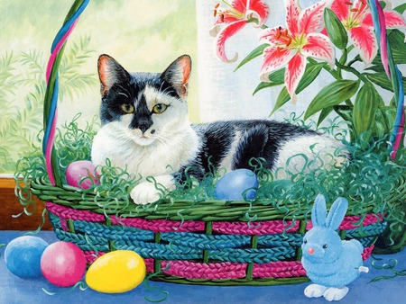 Easter cat. jpg  - cat, kitty, easter, basket, bunny, eggs, blue, holiday, grass