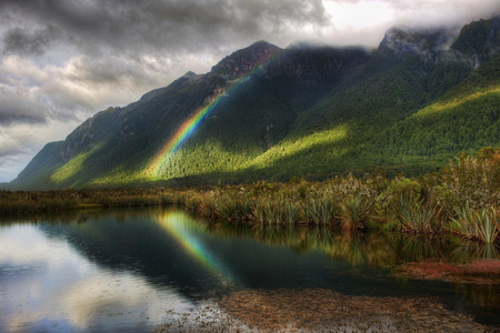 So Beautiful - amazing, splendor, landscape, great, forest, reflection, new zealand, mountain, rainbow, view, lake, sky, woods, clouds, trees, water, beautiful, pond, photography, colors, tree, colorful, nature, green, places, mountains, peaceful