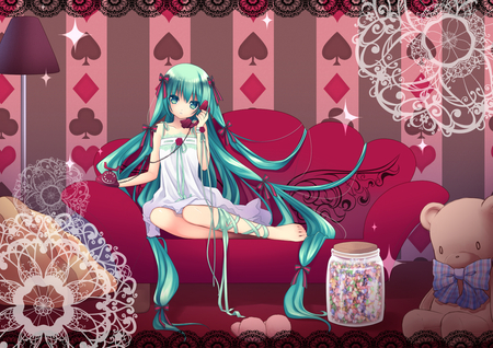 Hatsune Miku - hatsune miku, sexy, girl, ribbons, twintails, blue eyes, long hair, barefoot, blue hair, phone, vocaloid, anime, flowers, teddy bear, cute, dress