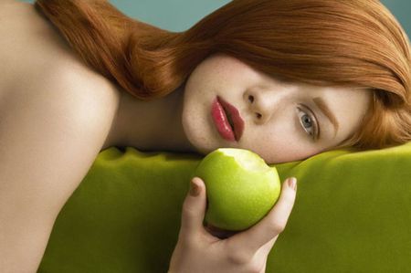 Eve - hands, girl, hair, green, apple