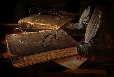 old books - letter, feather, books, glasses