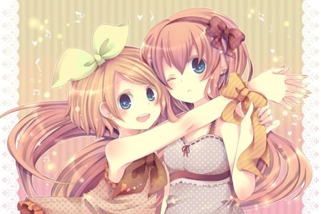 Rin & Luka - girls, sexy, kagamine rin, ribbons, blue eyes, long hair, pink hair, blonde hair, vocaloid, megurine luka, anime, cute, short hair