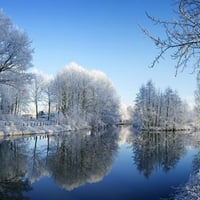 winter, river, snow, mirror view in water