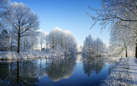 winter, river, snow, mirror view in water - lake, snow, river, winter, mirror view in water