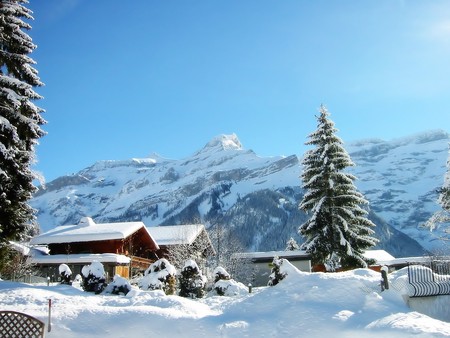 Cabin In The Snow With Mountain Background - trees, white, blue, cabin, snow, mountain