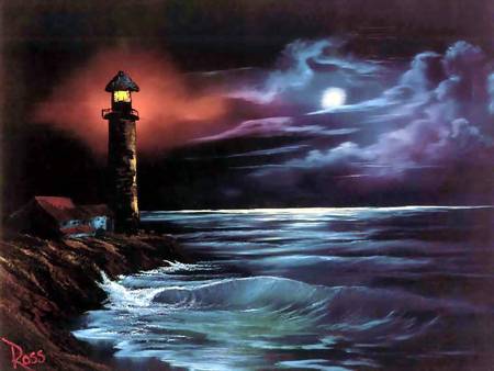 Painting by Bob Ross - moon, night, light house, ocean