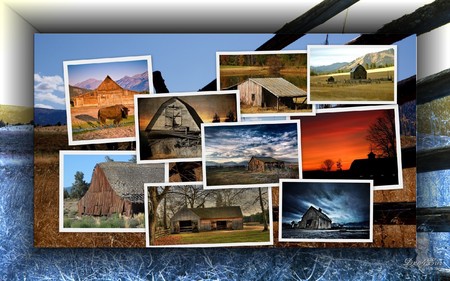 Beautiful Country Barns - widescreen fence, blue, old, collage, country, farm, framed, barns