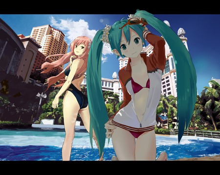 Miku & Luka - girls, swimsuit, megurine luka, anime, cute, hatsune miku, sexy, twintails, blue eyes, long hair, pink hair, blue hair, vocaloid, bikini, shades, pool, shuku