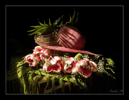 Still life - hat, pink, tulips, green, tulip, flowers, black, flower