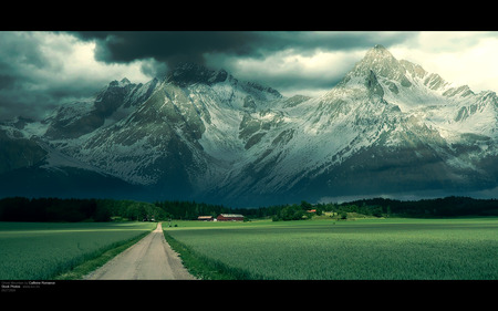 Drive to Ghost mountain - clouds, crops, trees, road, peaks, mountain, farms