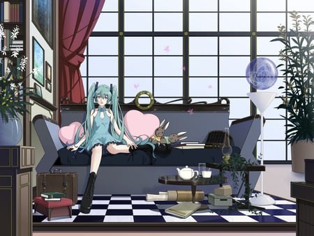 Hatsune Miku - hatsune miku, sexy, girl, twintails, blue eyes, long hair, pillows, blue hair, bunnies, vocaloid, anime, cute