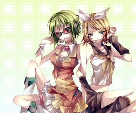 Gumi & Rin - anime, vocaloid, blonde hair, green eyes, green hair, girls, short hair, gumi, kagamine rin, cute, sexy, blue eyes