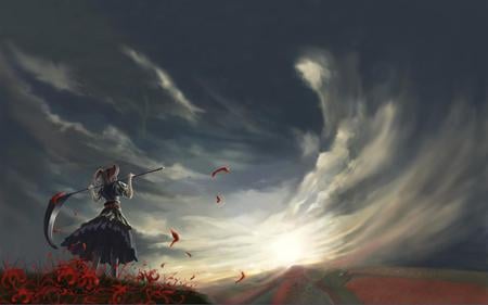 Endless Sky - skies, scythe, girl, red flowers