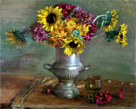 Sun And Silver - painting, sunflowers, art, glass, red, still life, mums, silver urn