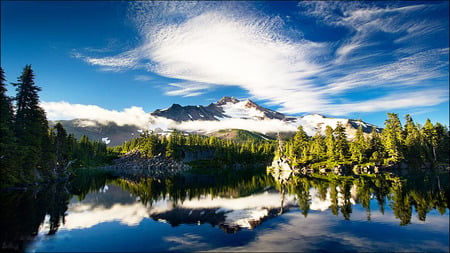 Beautiful Bright Day - sky, lake, cloud, mountain, forest, reflection, blue, alps