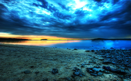 Cool And Peaceful Beach - sky, beach, reflection, clouds, sunset, sand, sea, rocks