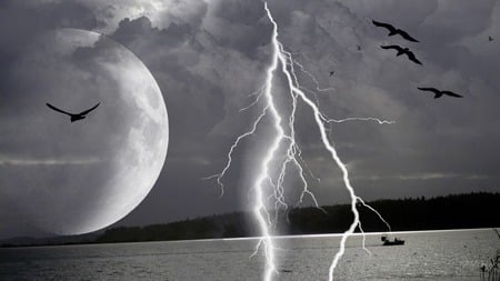 Lightning Strikes - lightning, water, boat, bay, washington, widescreen, ocean, clouds, firefox persona, moon, weather