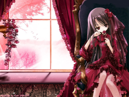 red  - red, break, pink, flowers, anime, sit, girl, inside