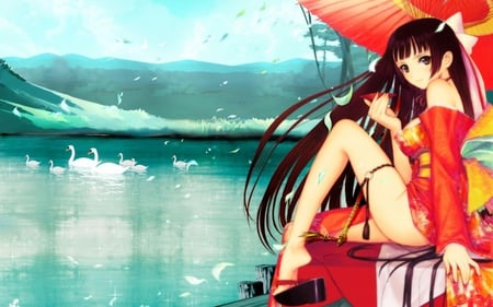 A Day Break - fun, anime, birds, weekend, beach, dress, long hair, res, day break, sit, trees, water, kimono, love, smile, cute, sexy, animals