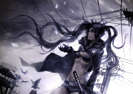 vocaloid - black rock shooter, twintails, scar, sword, crows