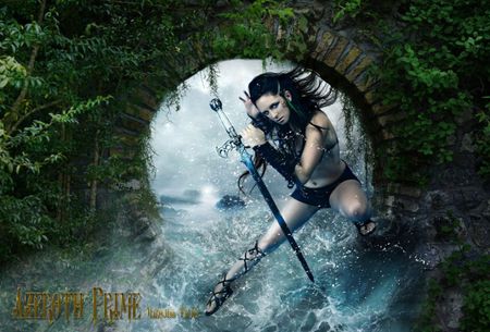 Jungle - trees, water, beautiful, girl, sword, sea, waterfall, woman, wall