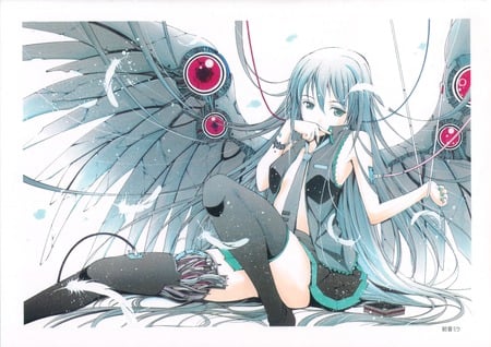 Hatsune Miku - hatsune miku, sexy, feathers, angel, girl, twintails, blue eyes, long hair, wings, blue hair, vocaloid, anime, cute