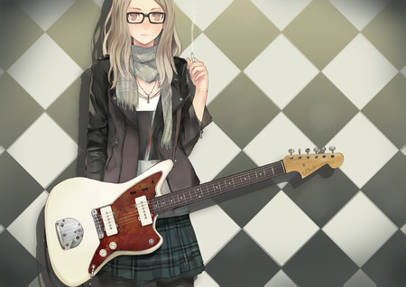 Cute guitarist - brown eyes, anime, girl, blonde hair, long hair, guitar, glasses, cigarette, cute, smoking, sexy