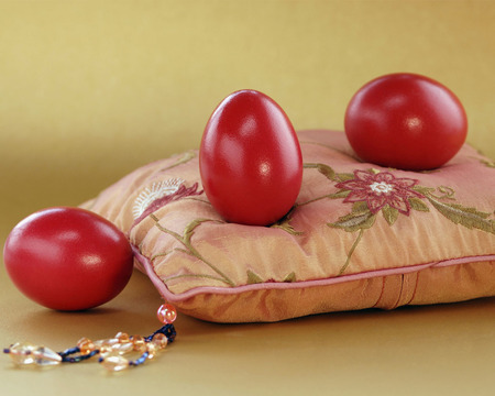 happy eggs - eggs, pillow, red, easter, holiday, still life