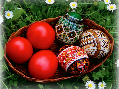  easter eggs - eggs, beautiful, grass, flower, pictured, easter, basket, holiday, design, red, colored