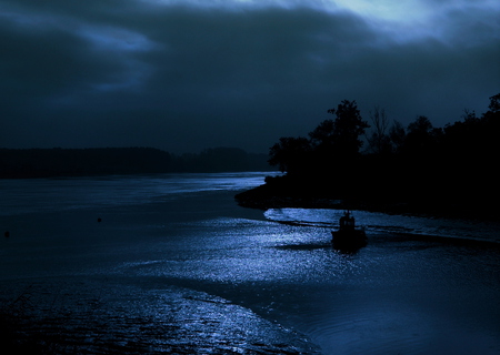 Moonlit Bay - trees, blue, water, night, bay, boat