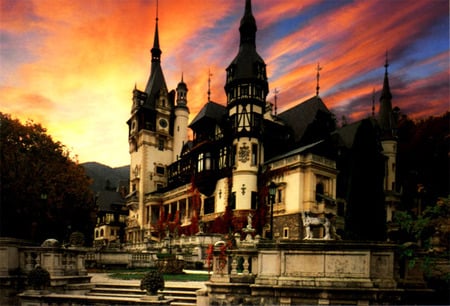 Sunrise on Romania - house, trees, blue, beautiful, brick, sunrise, orange, steps, steeples, courtyard, walls, castle